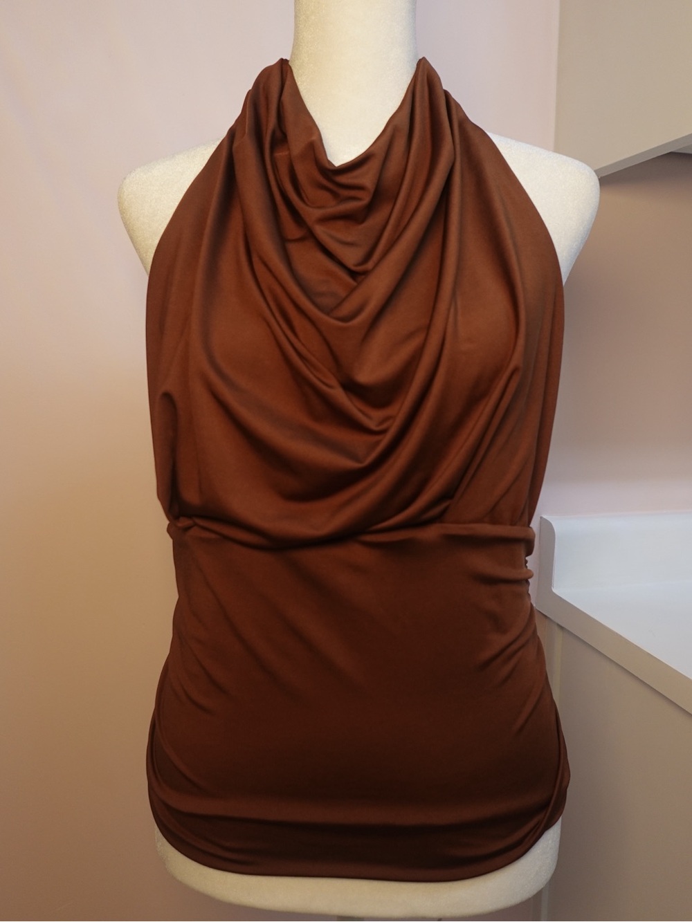 Cowl neck back out halter top with draped neckline in chocolate brown